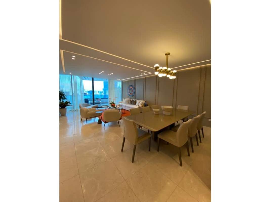 Open living room with modern design, panoramic windows and upscale furniture PH Deluxe Residences Paitilla Panama