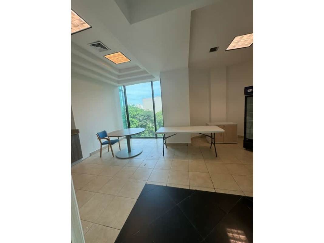Break room with refrigerator and panoramic window in Globus Tower business office Panama City