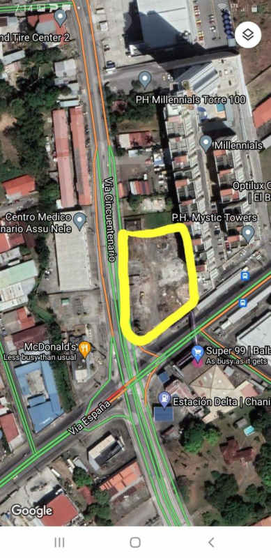 Aerial satellite outline of commercial lot on Via España surrounded by buildings