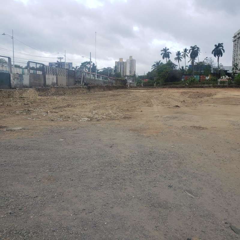 Cleared fenced vacant land with urban buildings and palm trees background in Panama City