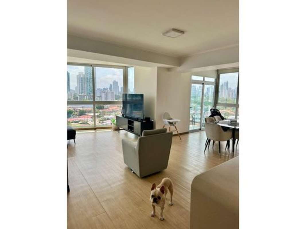 Spacious open concept living and dining area with large windows in Coco del Mar apartment