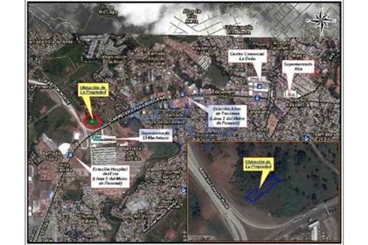 Aerial map showing prime land plot close to commercial transit hubs Las Mañanitas Panama