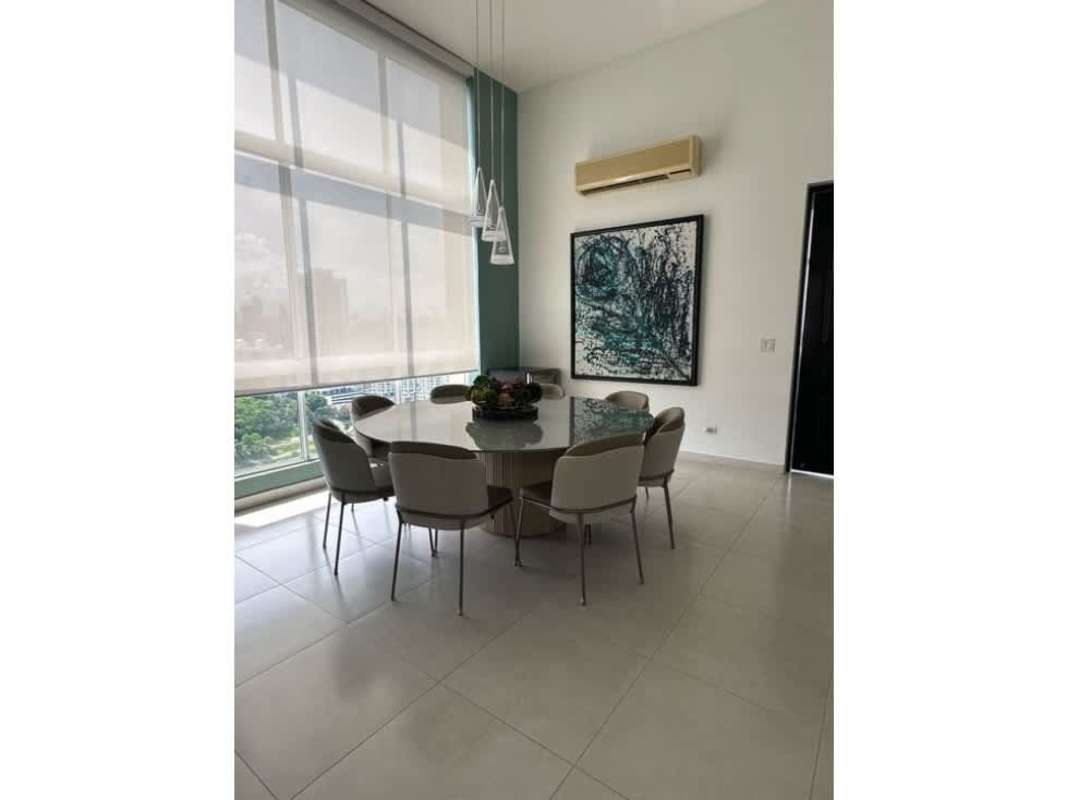 Elegant dining area with panoramic city skyline view, marble floors PH Portanova