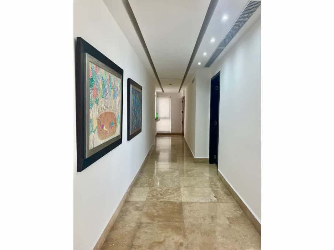 Contemporary kitchen with granite tops, mosaic backsplash, twin fridges at PH Q Tower Panama City