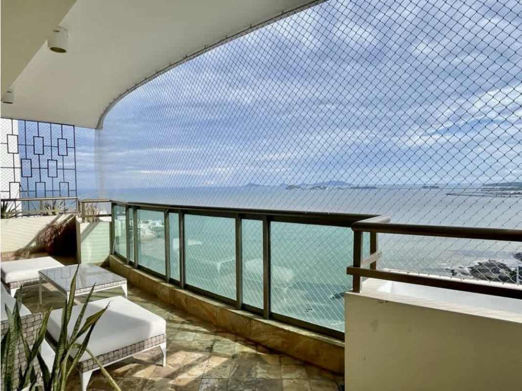 Contemporary living room with large windows, sea views, marble floors in PH Ocean Park Panama