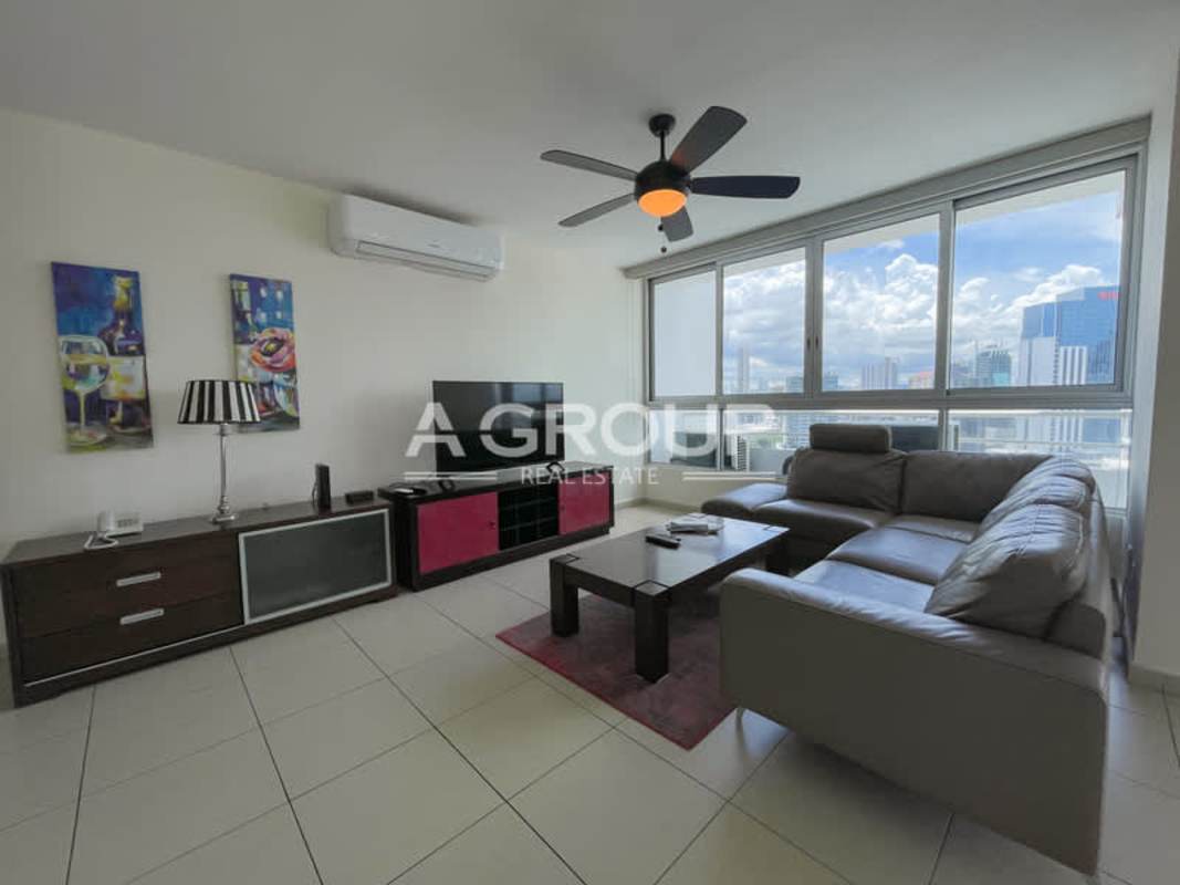 Modern dining space with skyline views in luxury Sol Marina apartment Marbella Panama