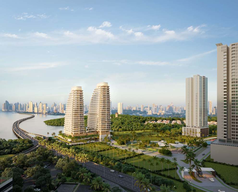 Modern lobby with wooden finishes, natural light, and green plants at PH Ipanema Costa del Este Panama