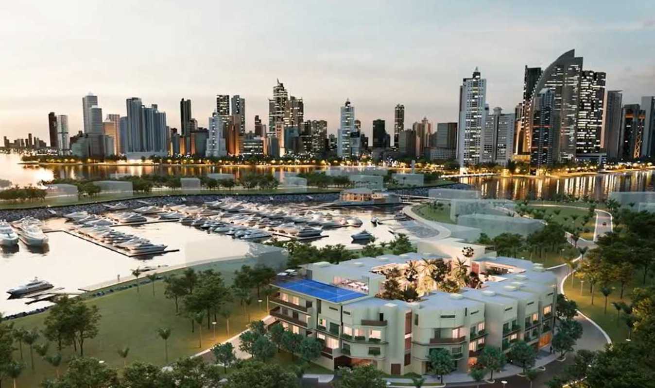 Aerial view of Ocean Reef Islands private marina and residential complex in Punta Pacifica Panama City