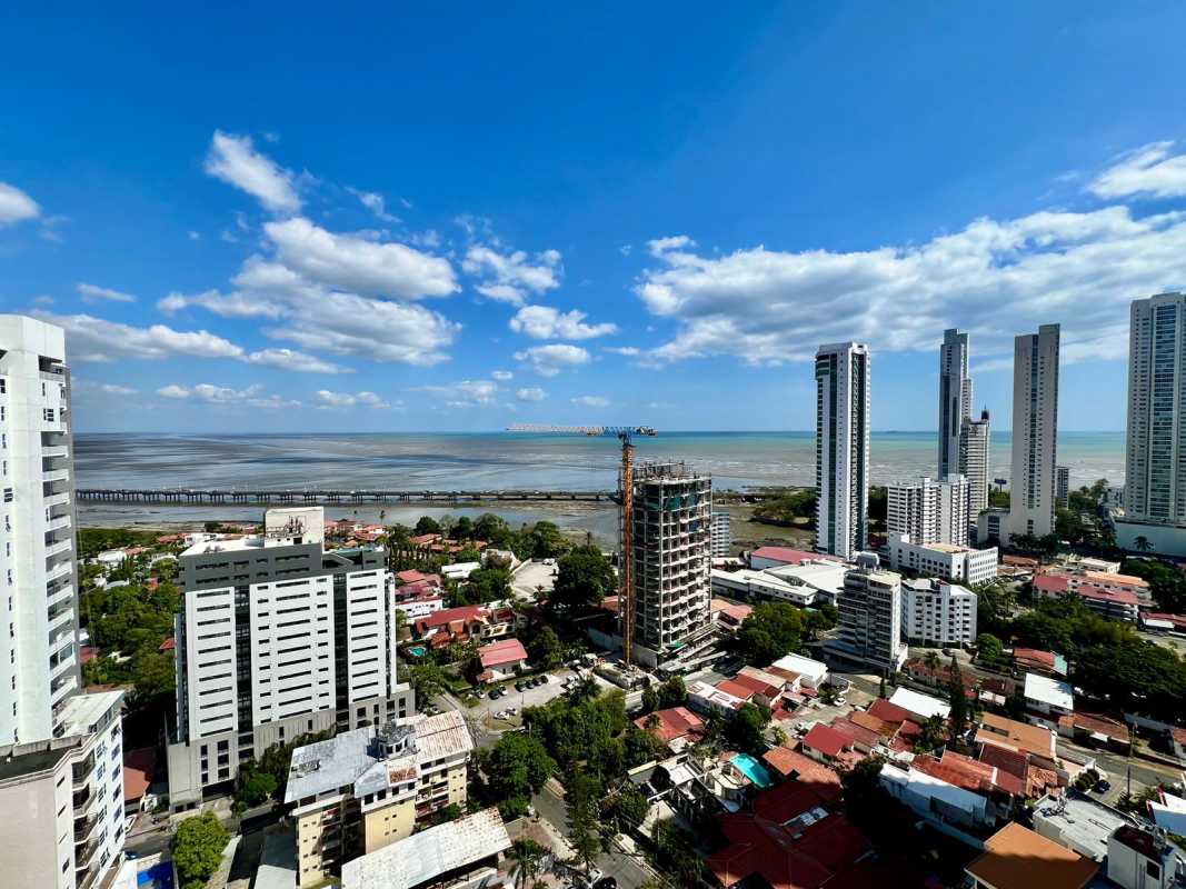 Balcony panorama ocean view PH Vision Tower Coco del Mar luxury apartment Panama City