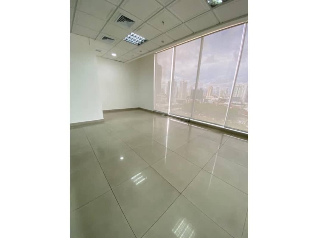 Workspace divided by glass walls tiled floors and city view PH Office One Obarrio Panama