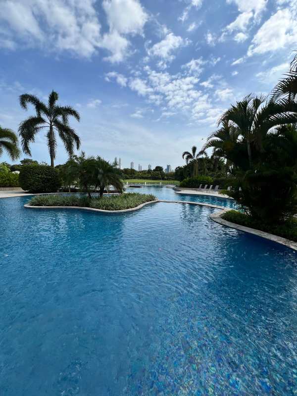 Large tropical swimming pool with palm trees and city skyline PH The Reserve Panama