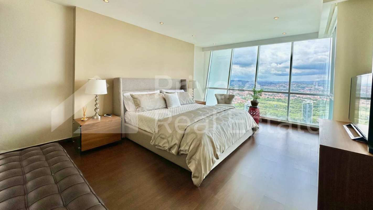 Modern bathroom with glass shower, double sink vanity PH Titanium Penthouse Panama