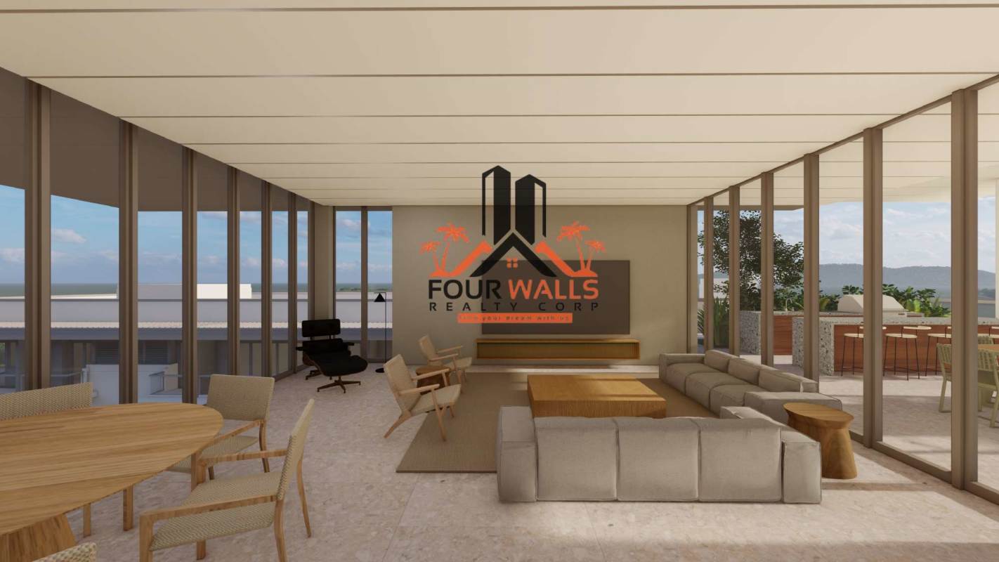 Modern bright living area with panoramic windows overlooking sea and skyline in Passage Amador Panama