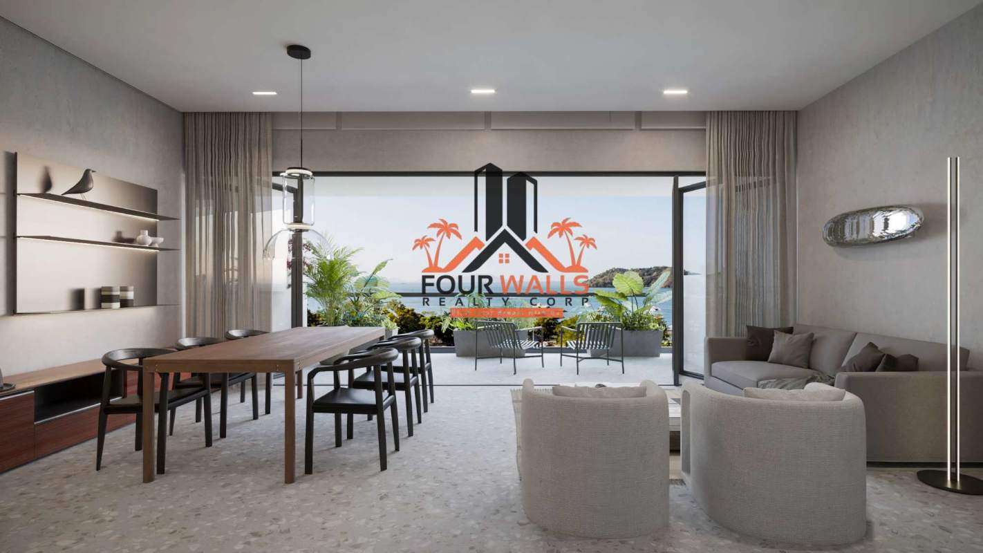 Open-concept kitchen island quartz countertops in luxury apartment Panama waterfront Passage Amador