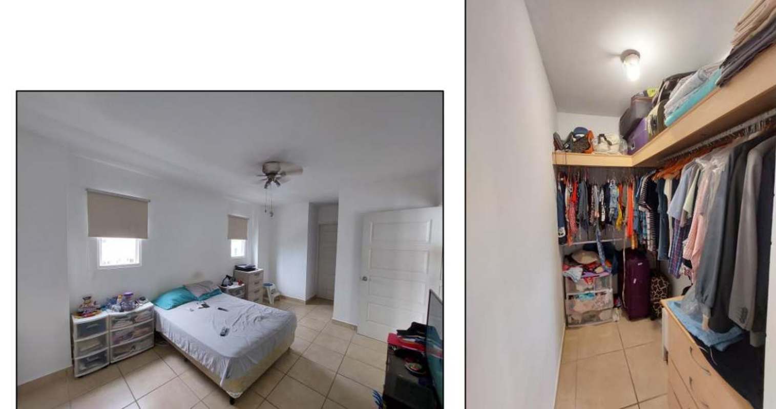 Bright bedroom with split AC, ceiling fan, desk and accent wall in Brisas del Golf Panama