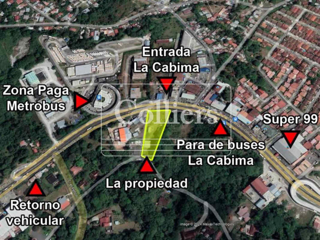 Commercial land outlined for rent in La Cabima with surrounding roads and access points in Panama