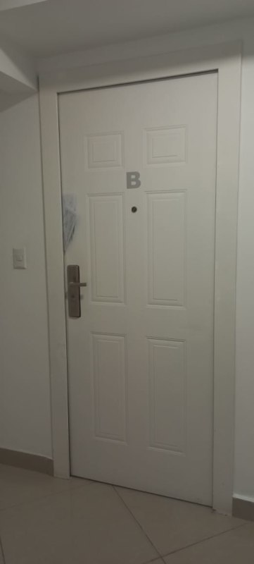 White main entrance door labeled B with peephole in PH Coral Towers Panama City
