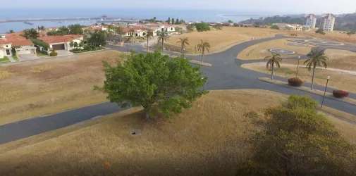 Aerial of residential community with coastal view, palm trees, red roofs and Pacific Ocean at Vista Mar Resort San Carlos Panama