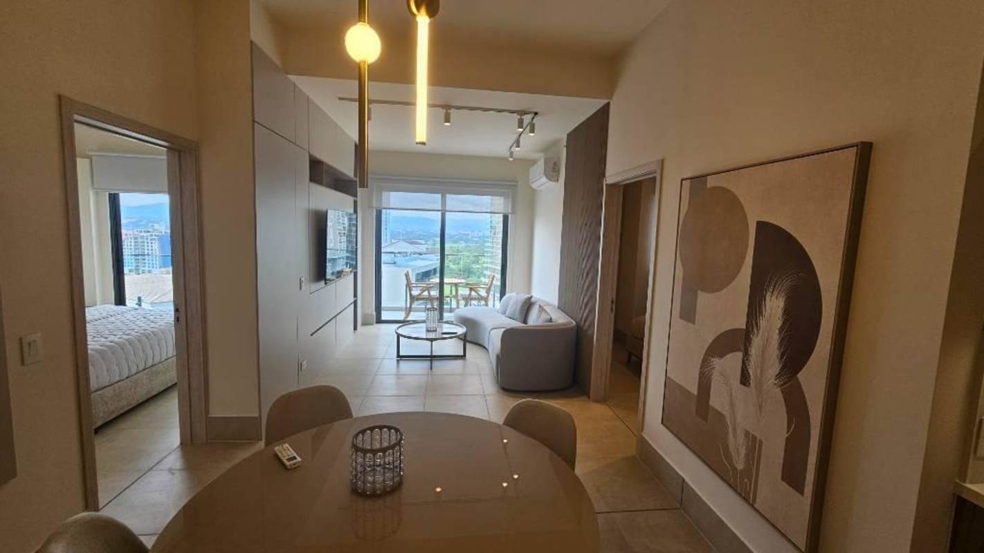 Stylish furnished kitchen with quartz countertops and built-in appliances Santa Maria apartment Panama