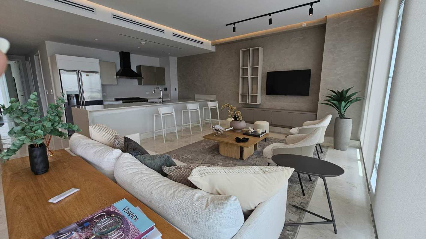 Guest bedroom furnished with city skyline views Ocean Reef Panama