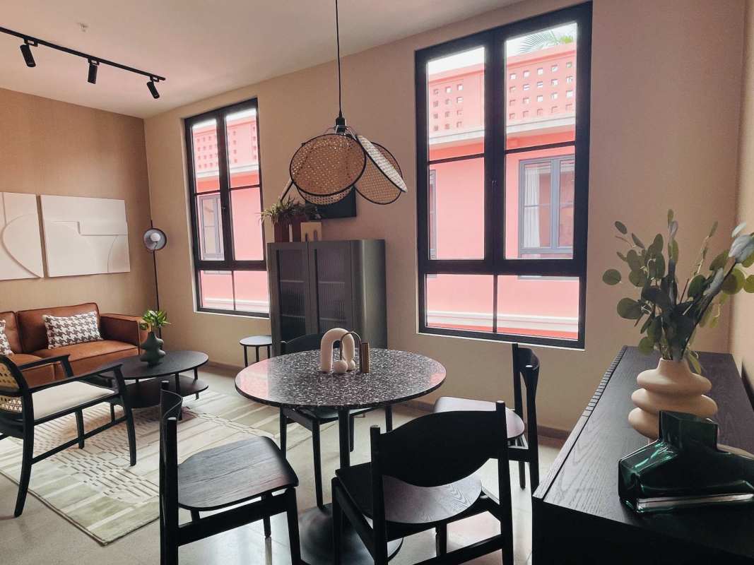 Lush courtyard of Casa Korsi with balconies and restored colonial details in Casco Viejo Panama