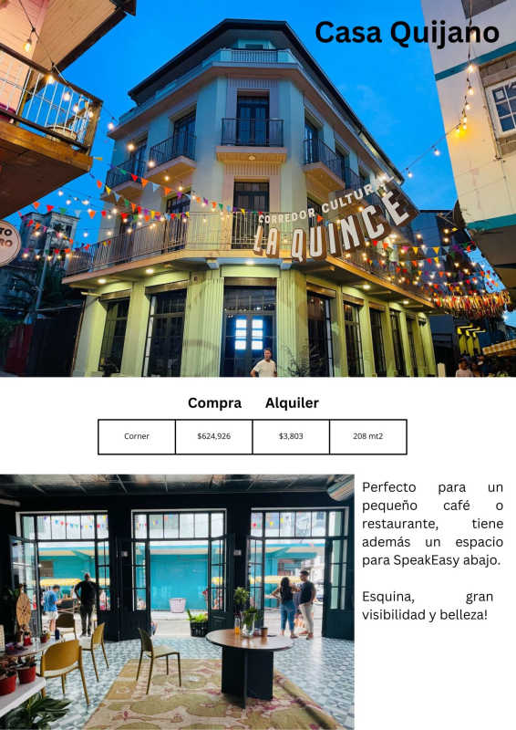 Colonial-style corner building Casa Quijano with balconies and cafe lounge in Casco Viejo Panama