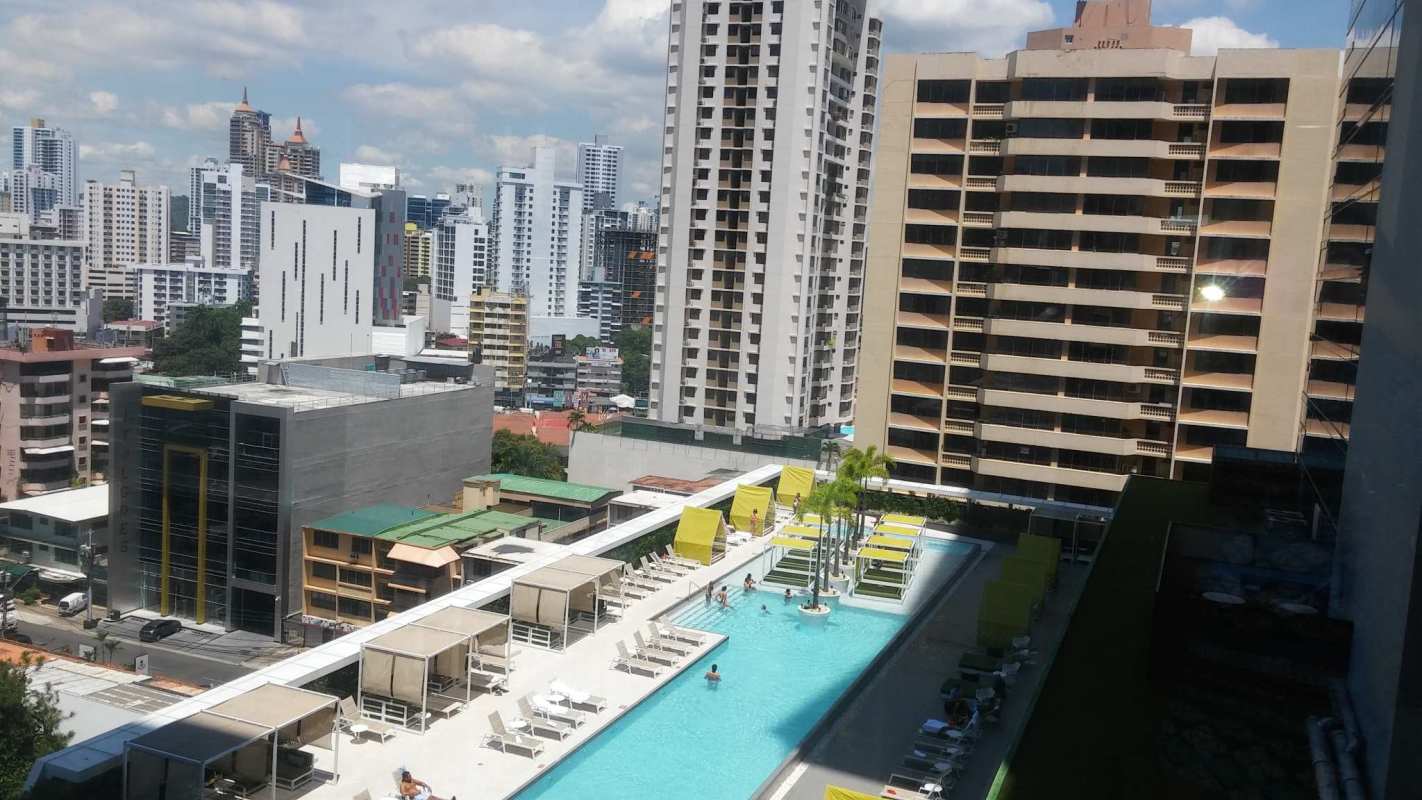 Infinity rooftop swimming pool at PH Sortis Tower with skyline view Panama