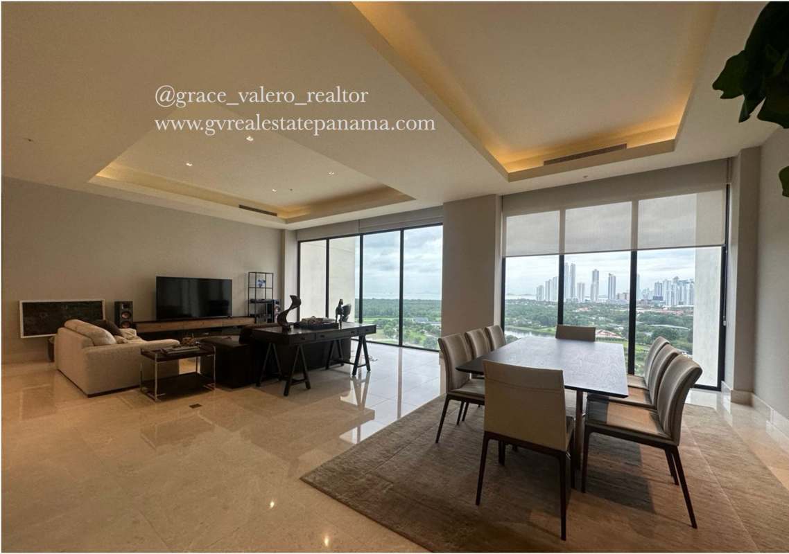 Open living and dining space with panoramic city views in PH The Court Santa María Panama