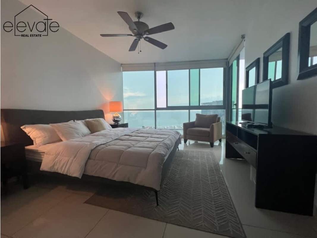 Private balcony with panoramic ocean and skyline views at Allure Tower in Bella Vista