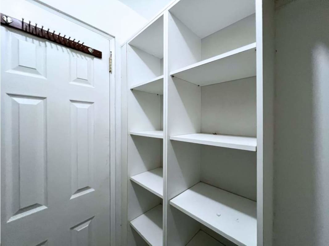 Closet pantry with built-in shelves and white panel door PH Blue Bay Tower Panama