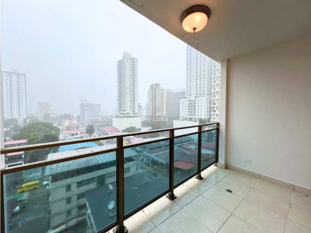 Balcony with glass railing overlooking Panama City skyline PH Blue Bay Tower