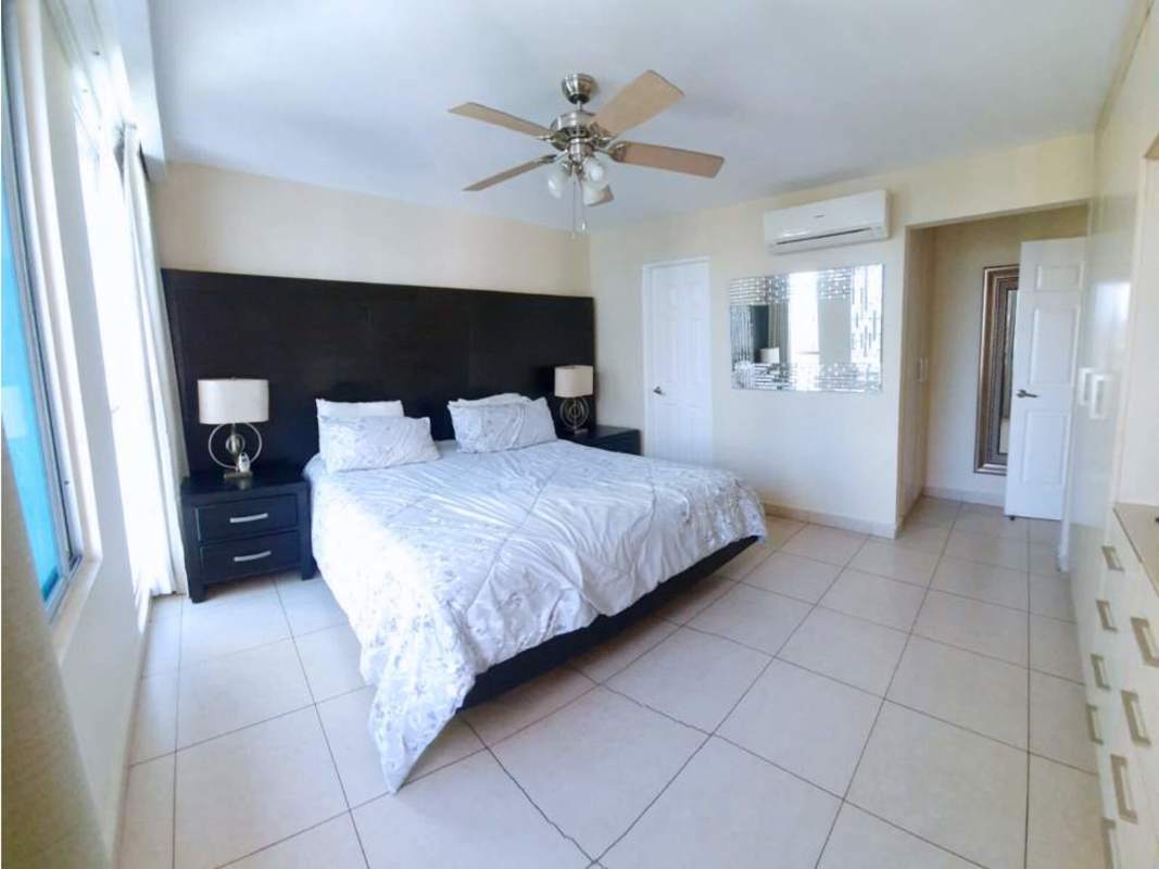 Contemporary bedroom with AC, fan, large bed, granite floors PH Costa View Panama