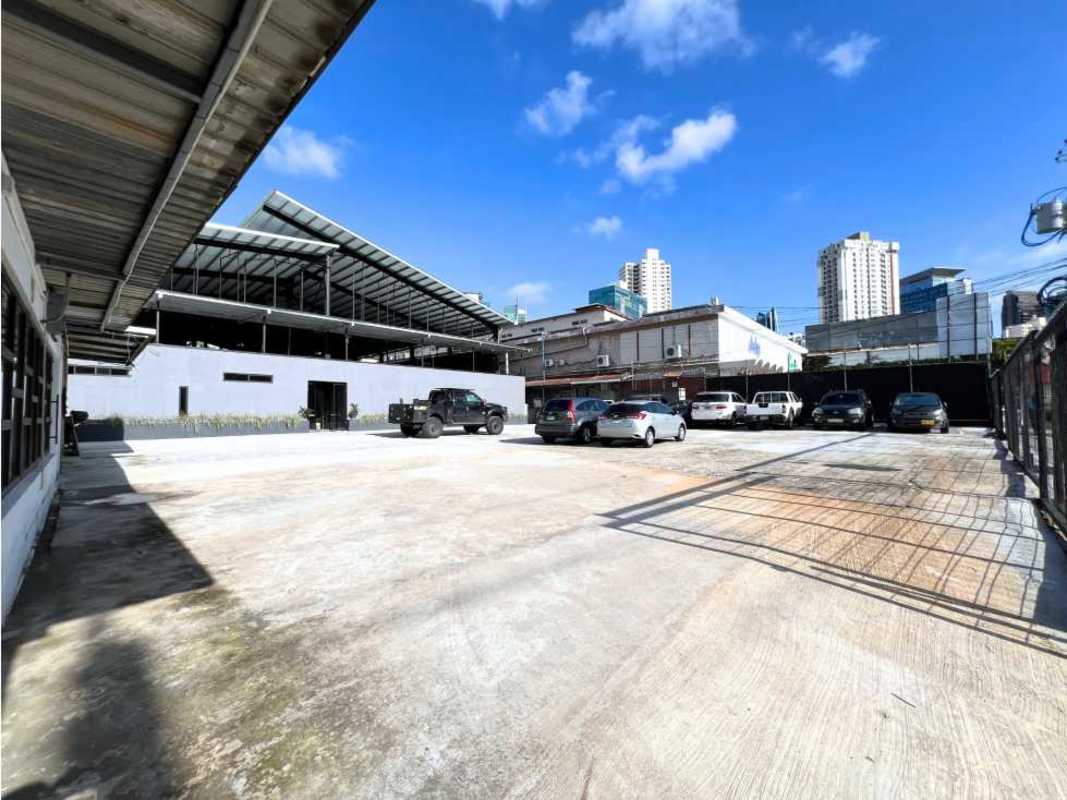 Industrial commercial lot with parking fencing and city skyline Panama City