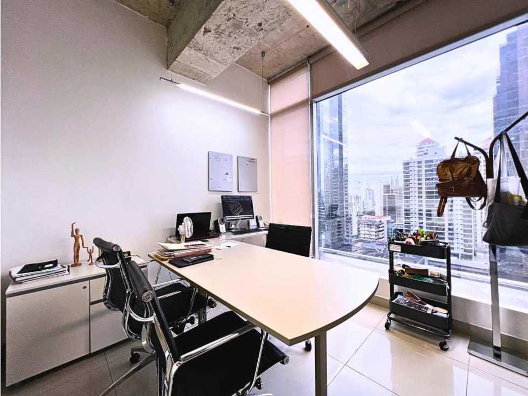 Office kitchenette with modern cabinets, appliances and large windows city skyline Obarrio Sortis Tower Panama