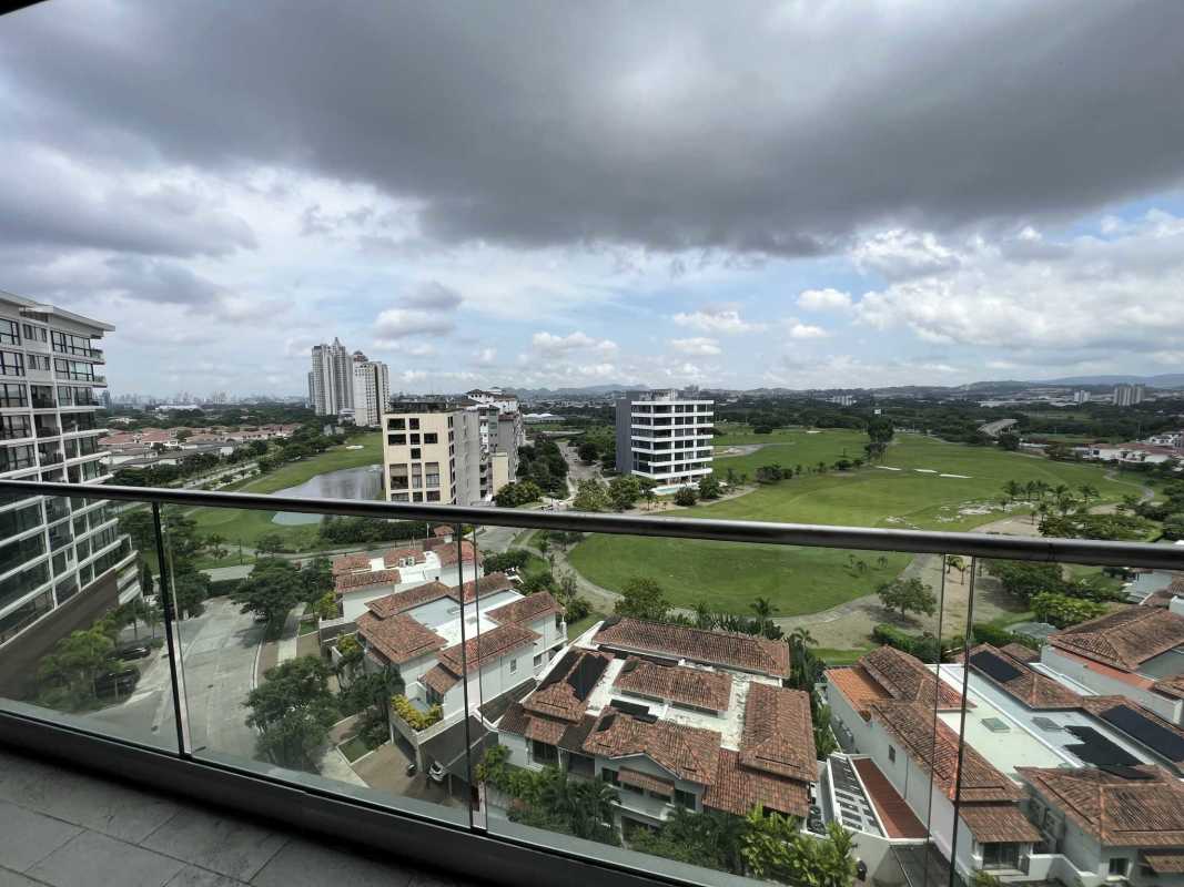 Luxurious lobby of PH Allegra with floor-to-ceiling glass and elegant furniture in Santa María Panama