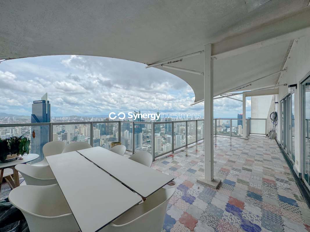 Large terrace with panoramic views of Pacific Ocean and Panama skyline in Yoo Panama penthouse