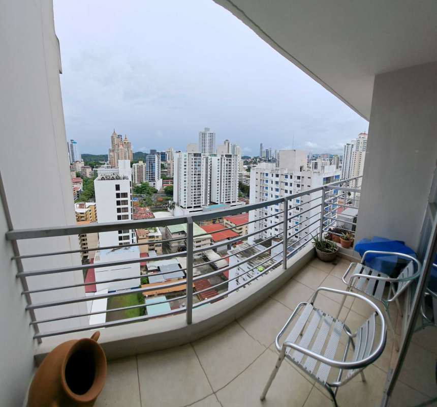 Balcony with seating, plants, skyline view in PH El Cangrejo Tower Panama