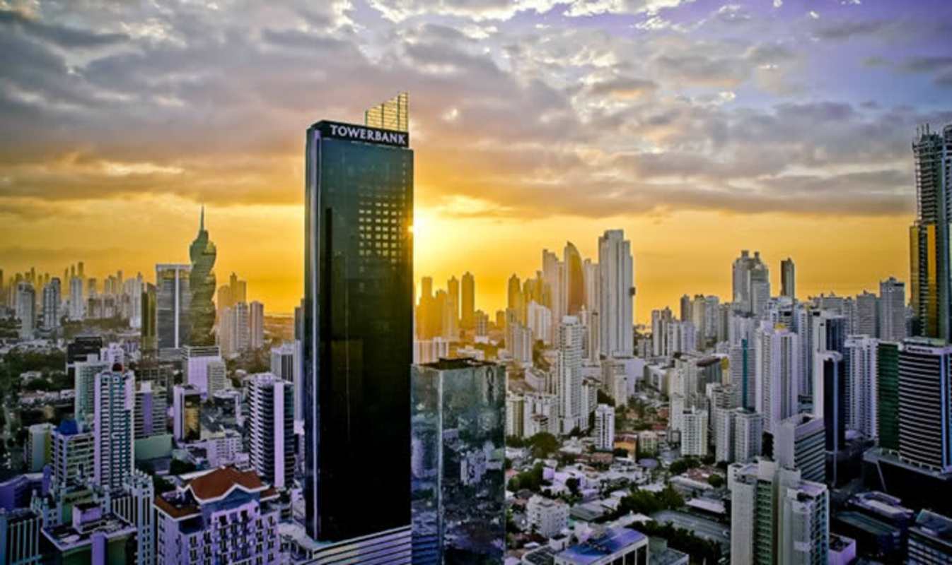 Aerial view of Panama City's skyscrapers seen from PH Tower Financial Center Calle 50 at sunset