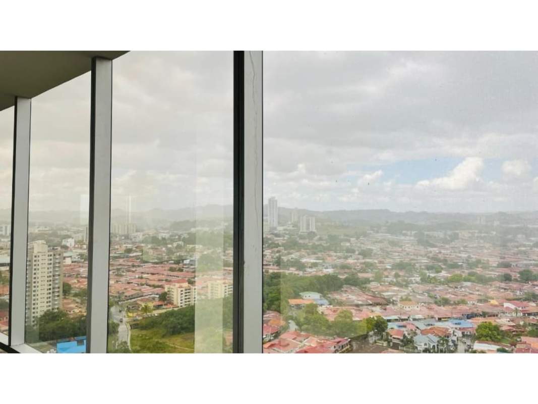 City skyline views through large office windows at Torre Ancón in Costa del Este