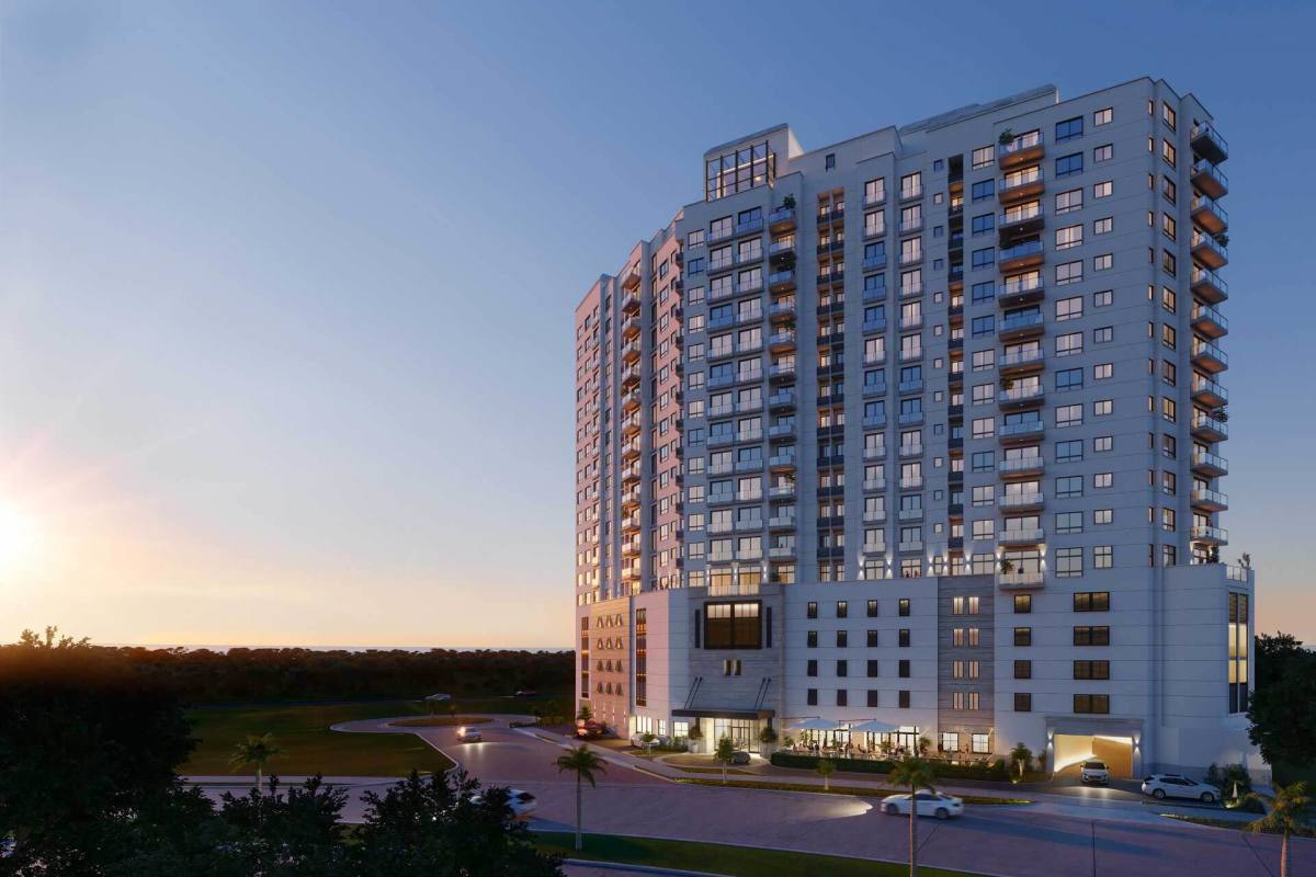 PH Ocean House modern residential tower with multiple balconies at sunset in Santa Maria Costa del Este Panama City