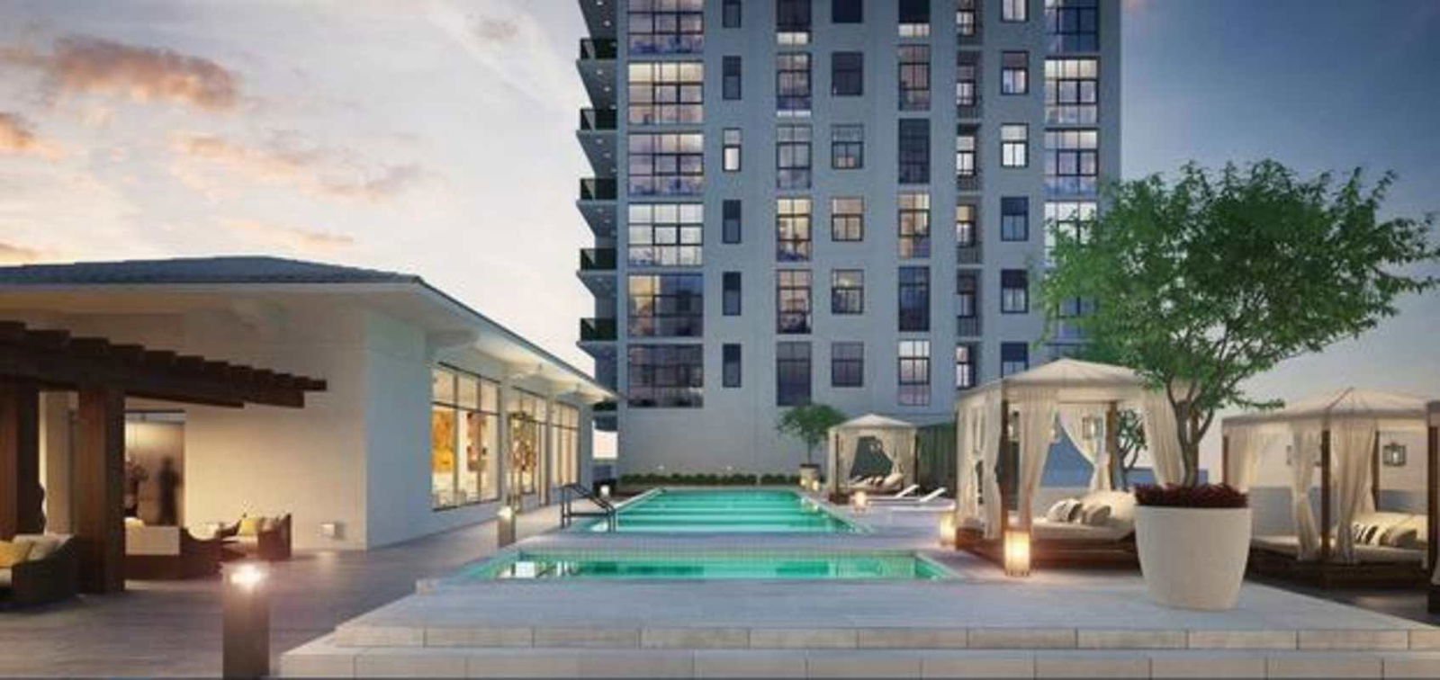 Multiple swimming pools with cabanas and landscaped resident lounges at PH Ocean House in Santa Maria Costa del Este Panama