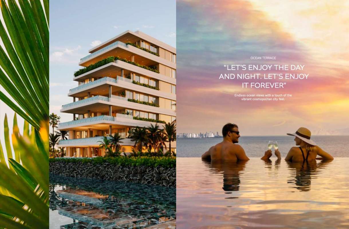 Modern beachfront architecture with infinity pool and ocean backdrop in Panama City’s Ocean Reef