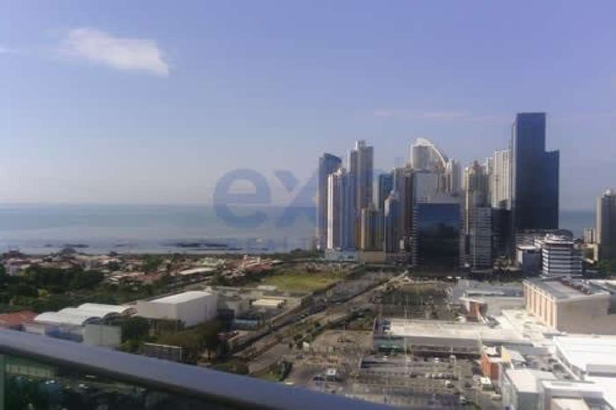 Balcony oceanfront vista from PH Terrazas del Pacífico apartment facing Pacific Ocean and city skyline Panama