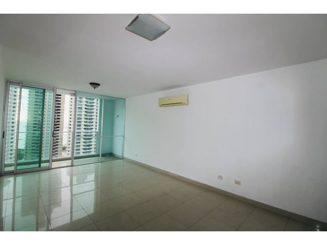 Bedroom with large window offering city view, built-in closet, split AC in PH Waterview