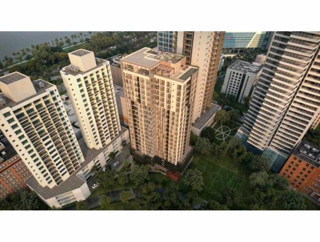 Panoramic aerial of high-rise residential complex near waterfront Panama City