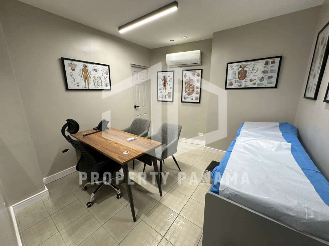 Medical consult/exam room with posters, AC, examination table in commercial building Avenida La Paz El Ingenio Panama