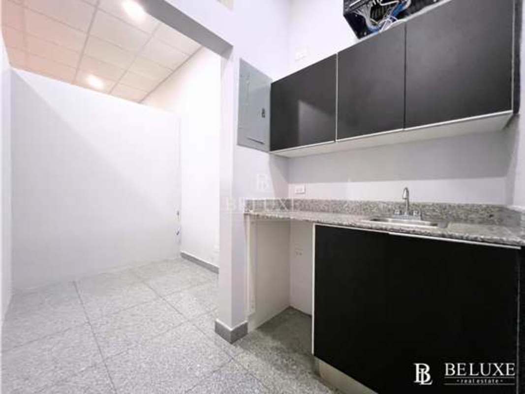 Modern kitchenette with granite countertop inside commercial office Habitats Plaza Bella Vista Panama