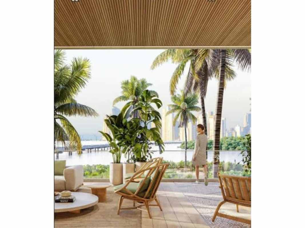Modern tropical outdoor terrace with waterfront city skyline PH Costa del Mar Panama