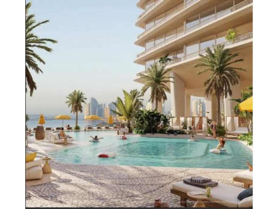 Resort pool deck and palm trees PH Costa del Mar Costa del Este Panama skyline