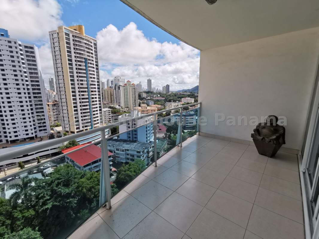 Private balcony with city skyline views PH Mont Royale apartment in El Cangrejo Panama City